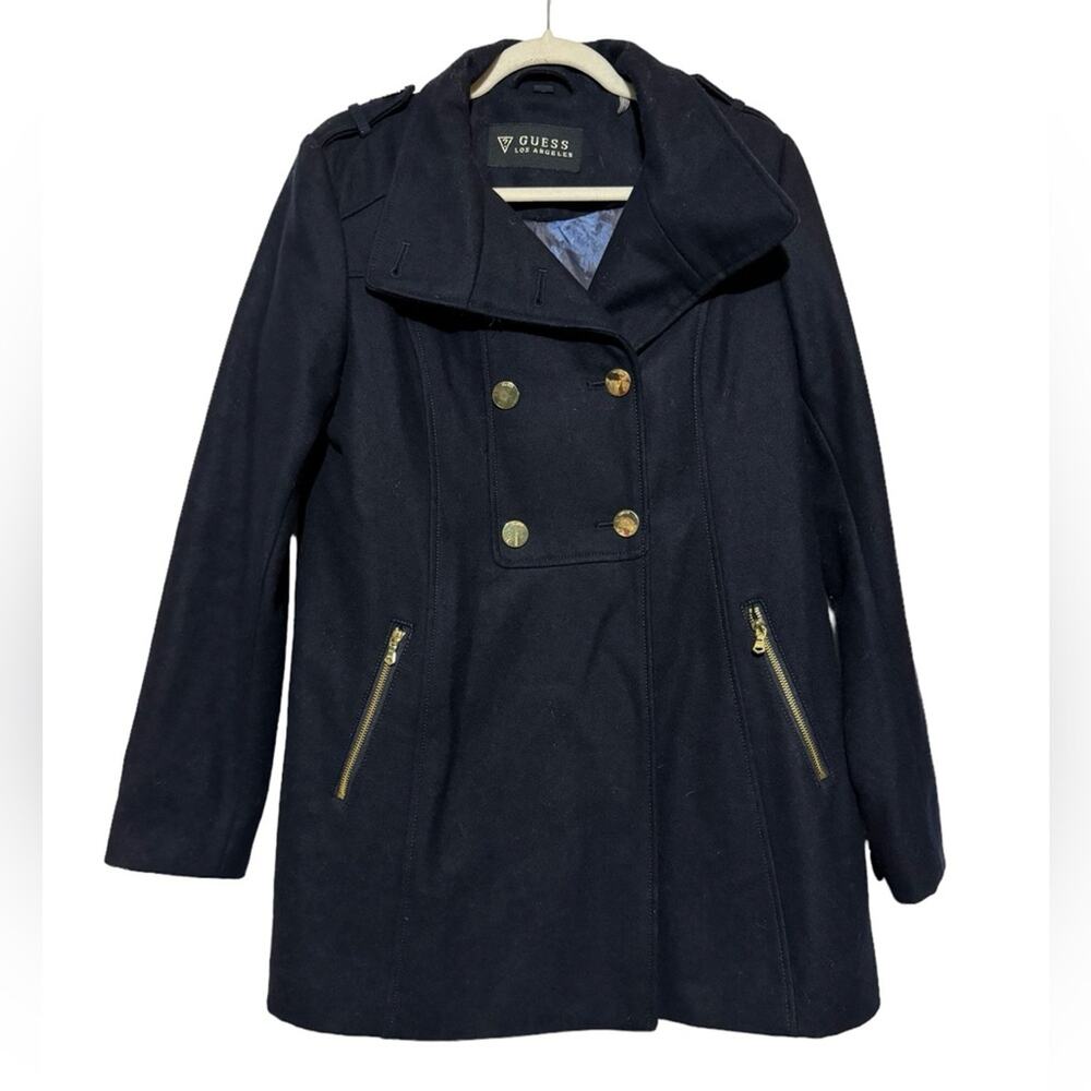 Guess Navy Blue Gold Wool Blend Winter Pea Coat Women’s Size Medium